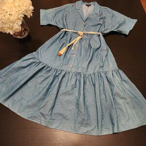 Tahari ASL Tiered‎ Chambray Midi Button-Front Dress W/Rope Belt Sz. 14